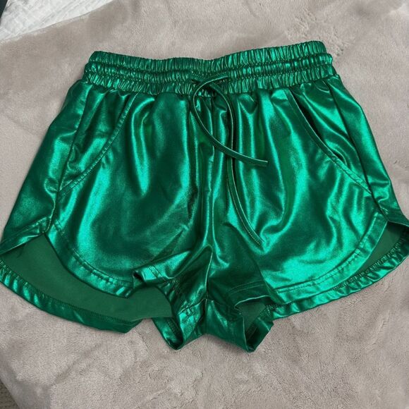Green metallic women's shorts w front pockets & elasticized drawstring waist- S - Picture 2 of 5